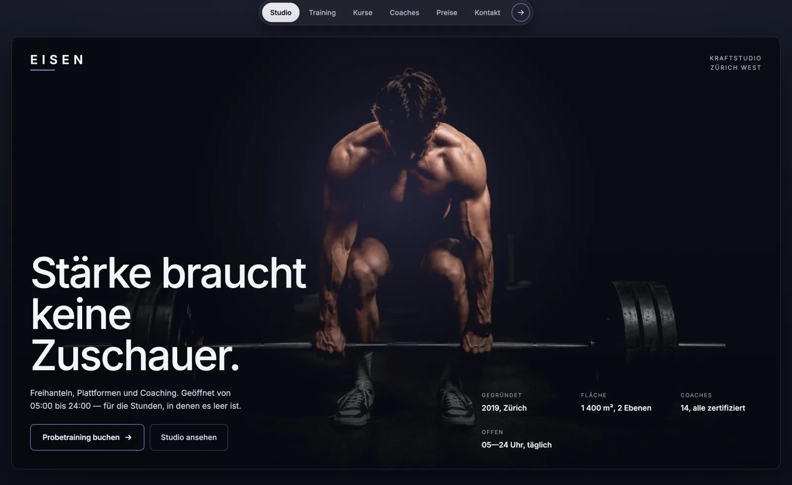 Konzeptstudie Eisen: Startseite eines Kraftstudios